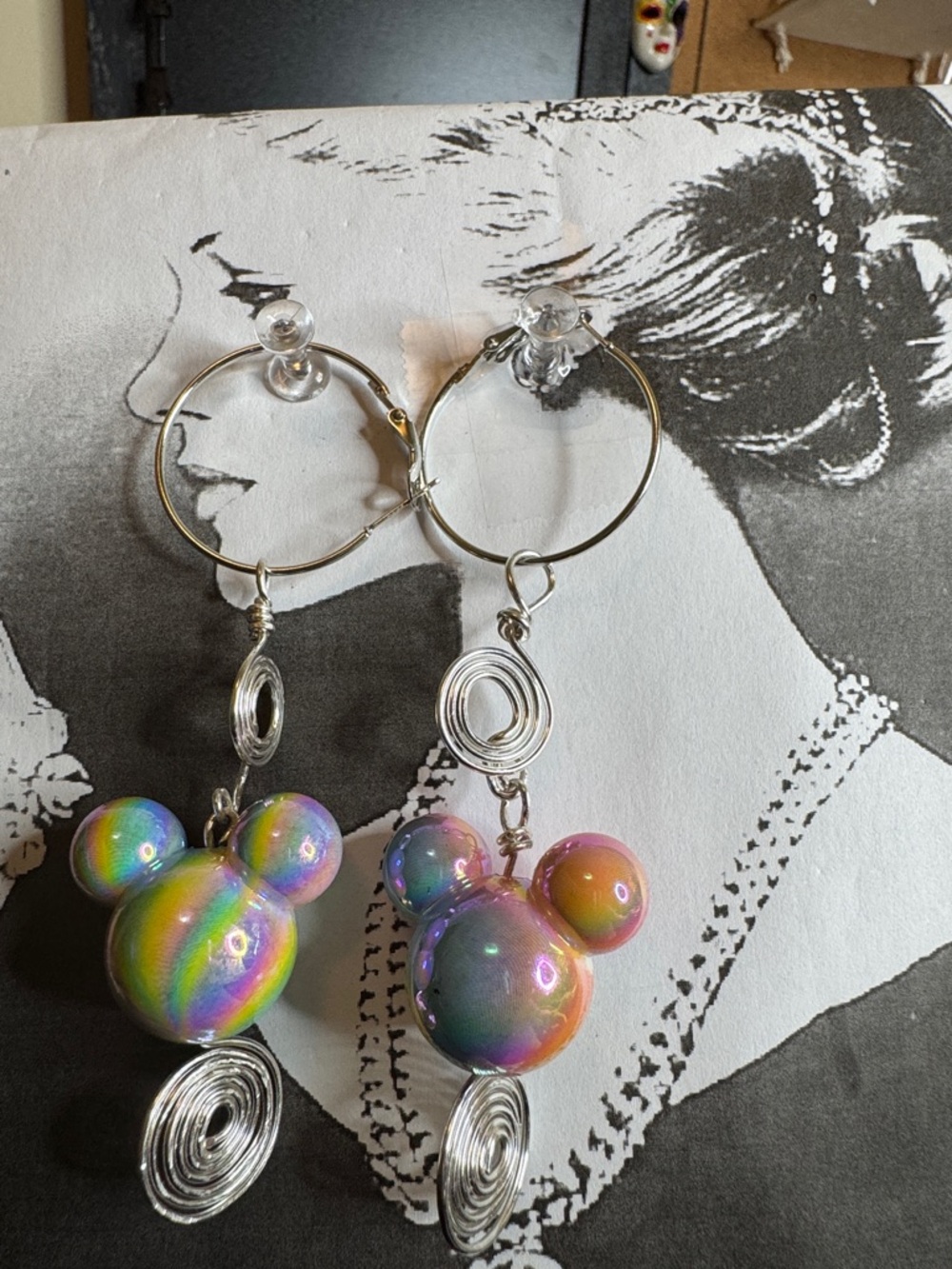 Iridescent Rainbow Mickey-Style Hoop Drop Earrings